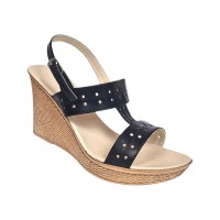 Sandale damă negre din piele naturală, platformă tip pană – perforate, elegante și comode S46NBOX